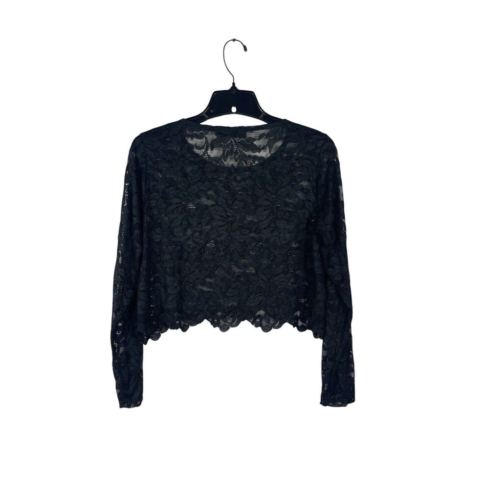 Sympli Women’s 10 Sheer Black Floral Lace Top Long Sleeve Cropped Scalloped Hem